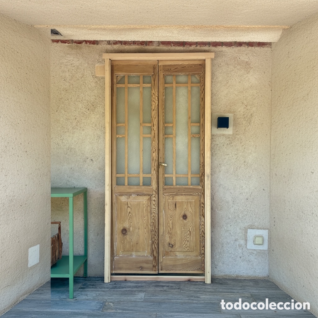 Antig&uuml;edades: Puerta antigua cristalera de doble hoja, circa 1900. Madera de pino. Art d&eacute;co nouveau modernista.