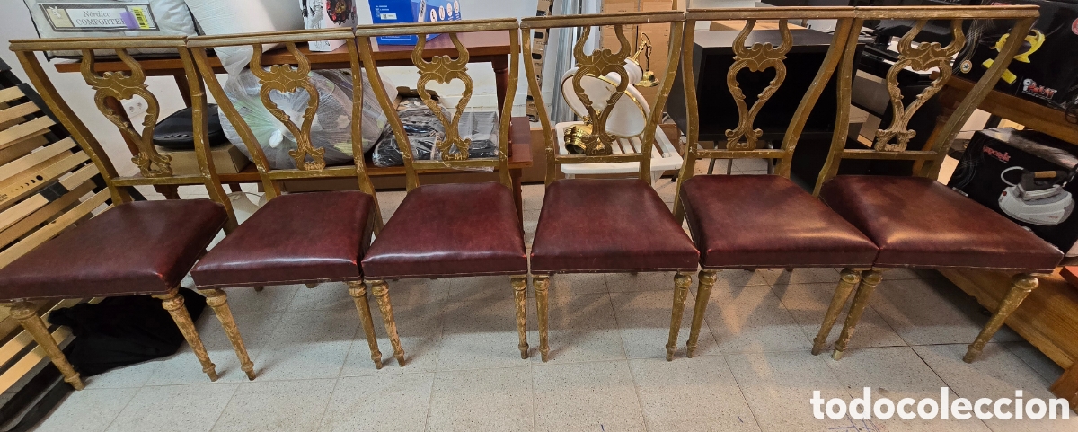 Antig&uuml;edades: 6 Sillas Antiguas Vintage Doradas Rojas