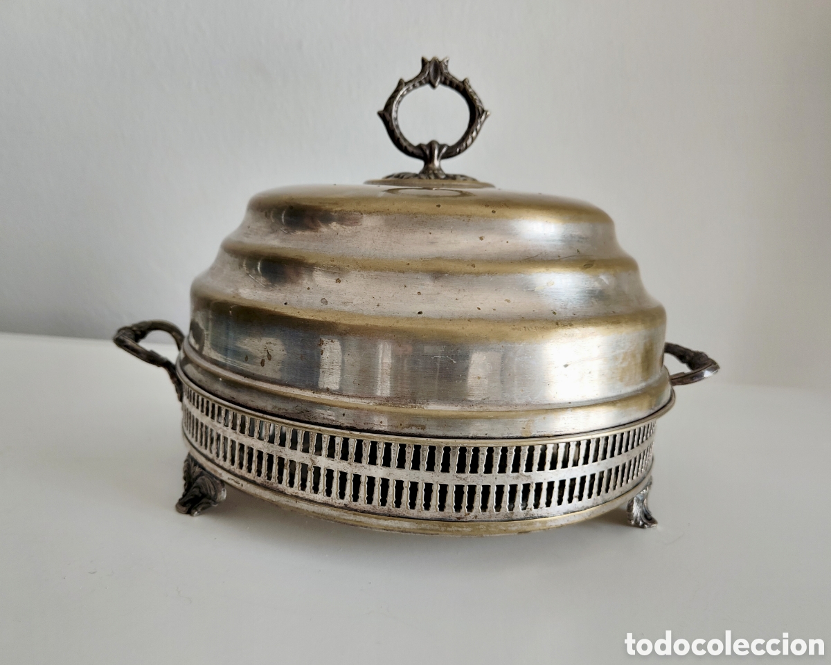 Antig&uuml;edades: Antiguo centro de mesa con campana (26 cm) - Estilo Mid-Century - Lat&oacute;n y ba&ntilde;o de plata