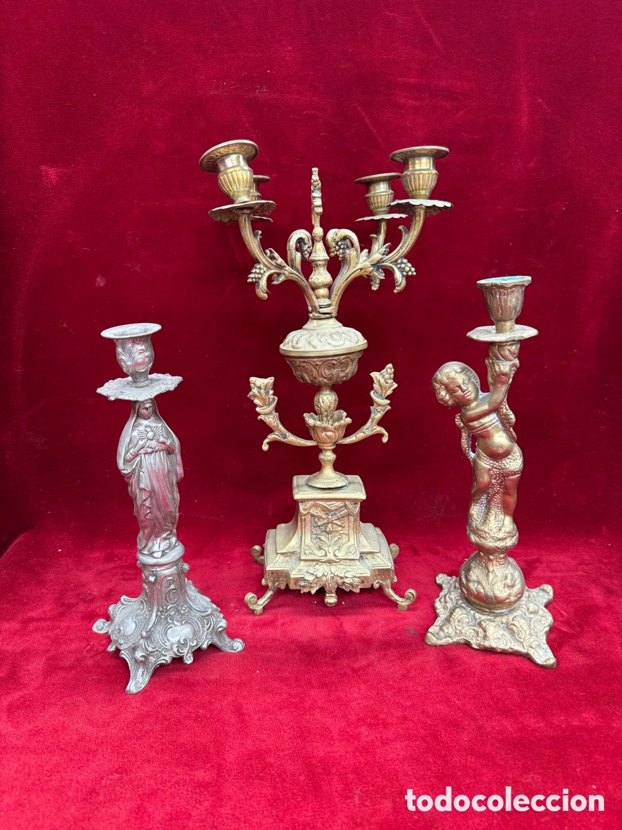 Antig&uuml;edades: Lote de 3 antiguos candelabros,uno religioso!