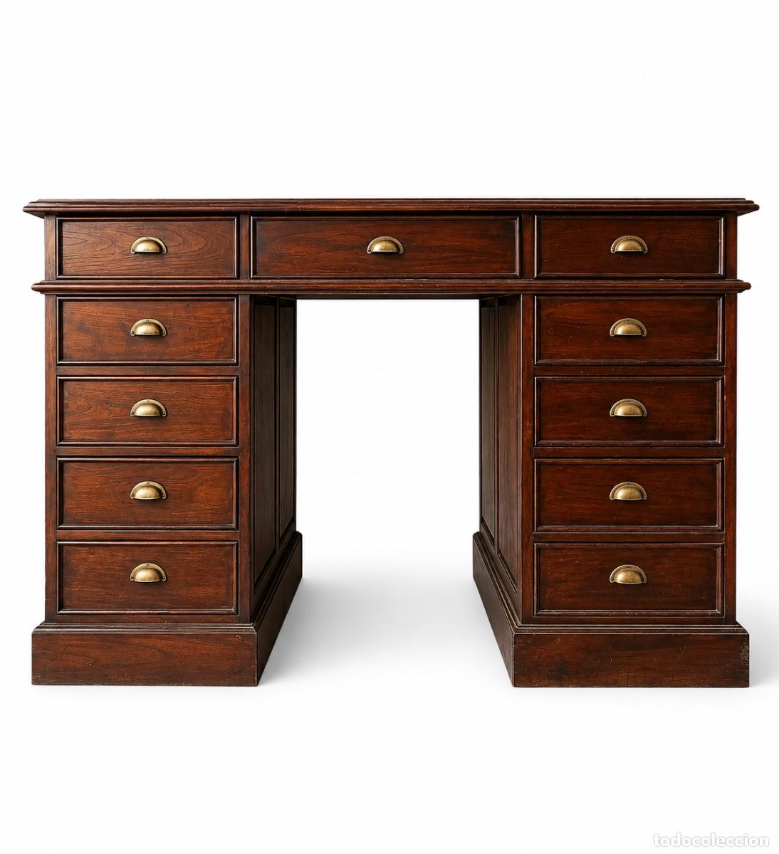 Antig&uuml;edades: Mostrador, Escritorio, Mesa de Despacho Isabelina - Madera de Caoba - S.XIX - Compuesta 11 Cajones