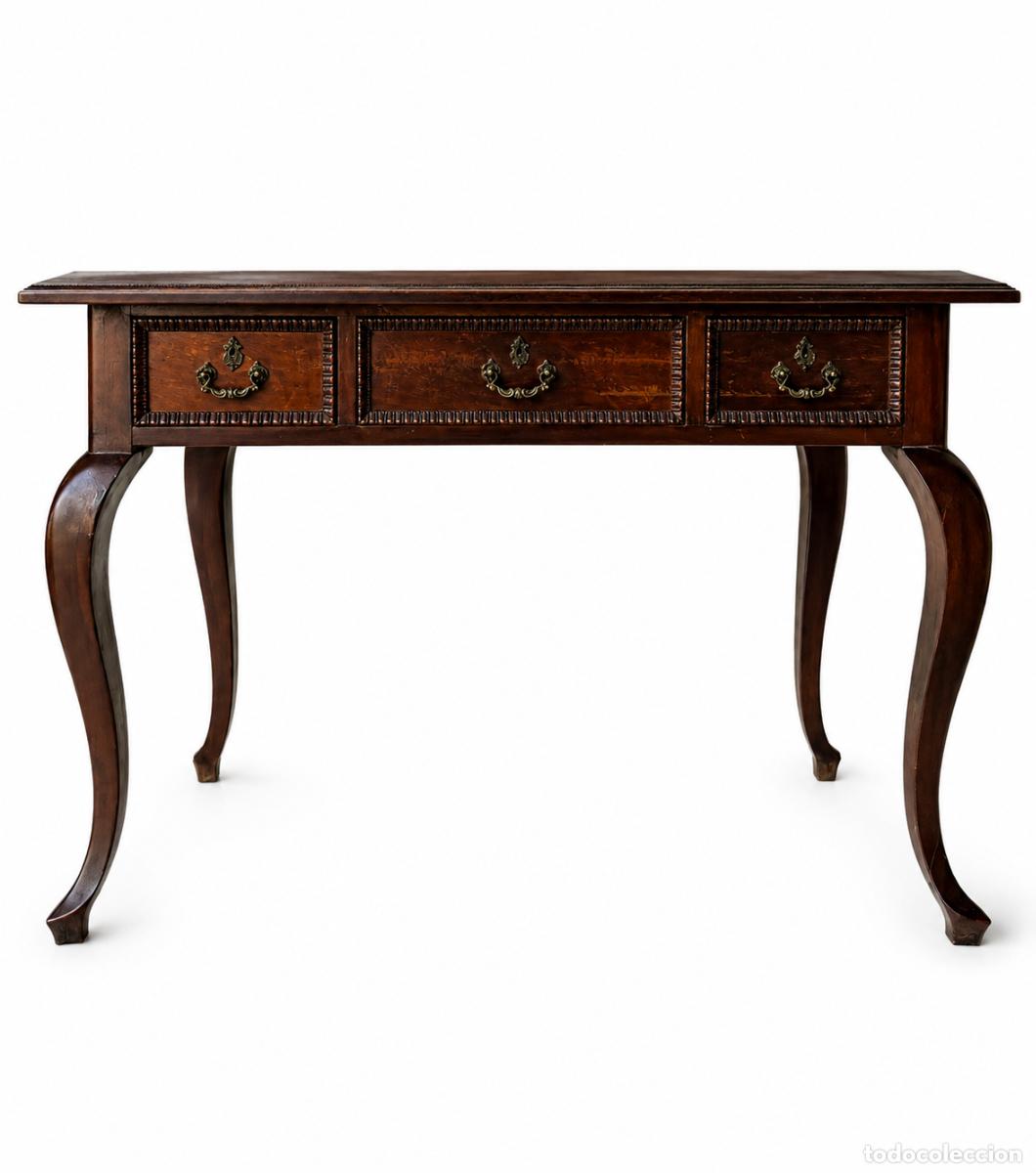 Antig&uuml;edades: Mesa de Despacho, Escritorio - Madera de Caoba - Patas Cabriol&eacute; - A&ntilde;os 40 - Sobre en Ra&iacute;z de Madera