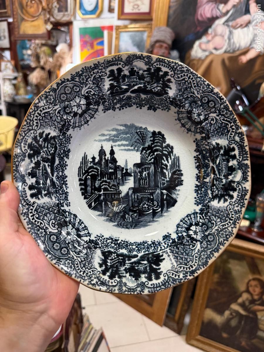Antig&uuml;edades: ANTIGUO PLATO HONDO DE CERAMICA LA CARTUJA PICKMAN CON BORDE ORO - 2