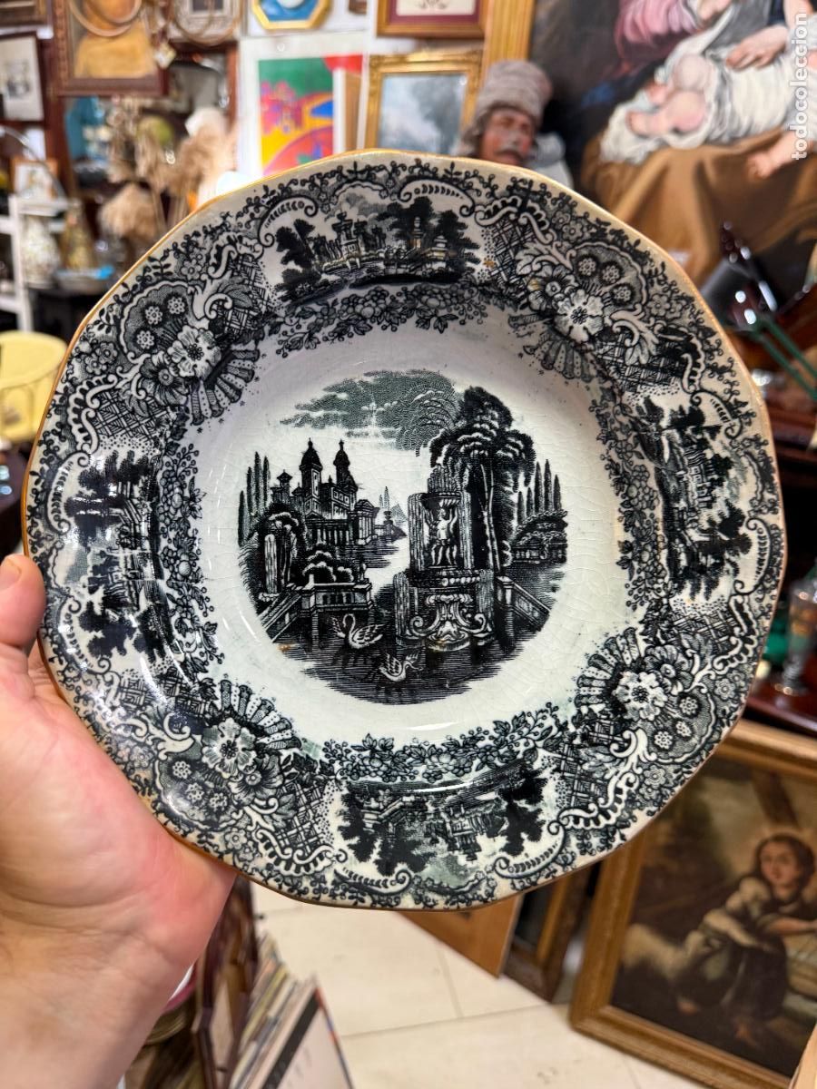 Antig&uuml;edades: ANTIGUO PLATO HONDO DE CERAMICA LA CARTUJA PICKMAN CON BORDE ORO - 4
