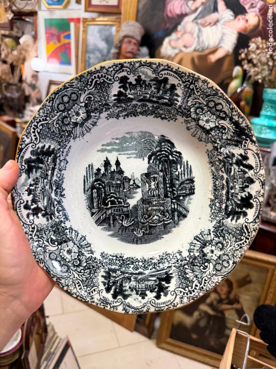 Antig&uuml;edades: ANTIGUO PLATO HONDO DE CERAMICA LA CARTUJA PICKMAN CON BORDE ORO - 6