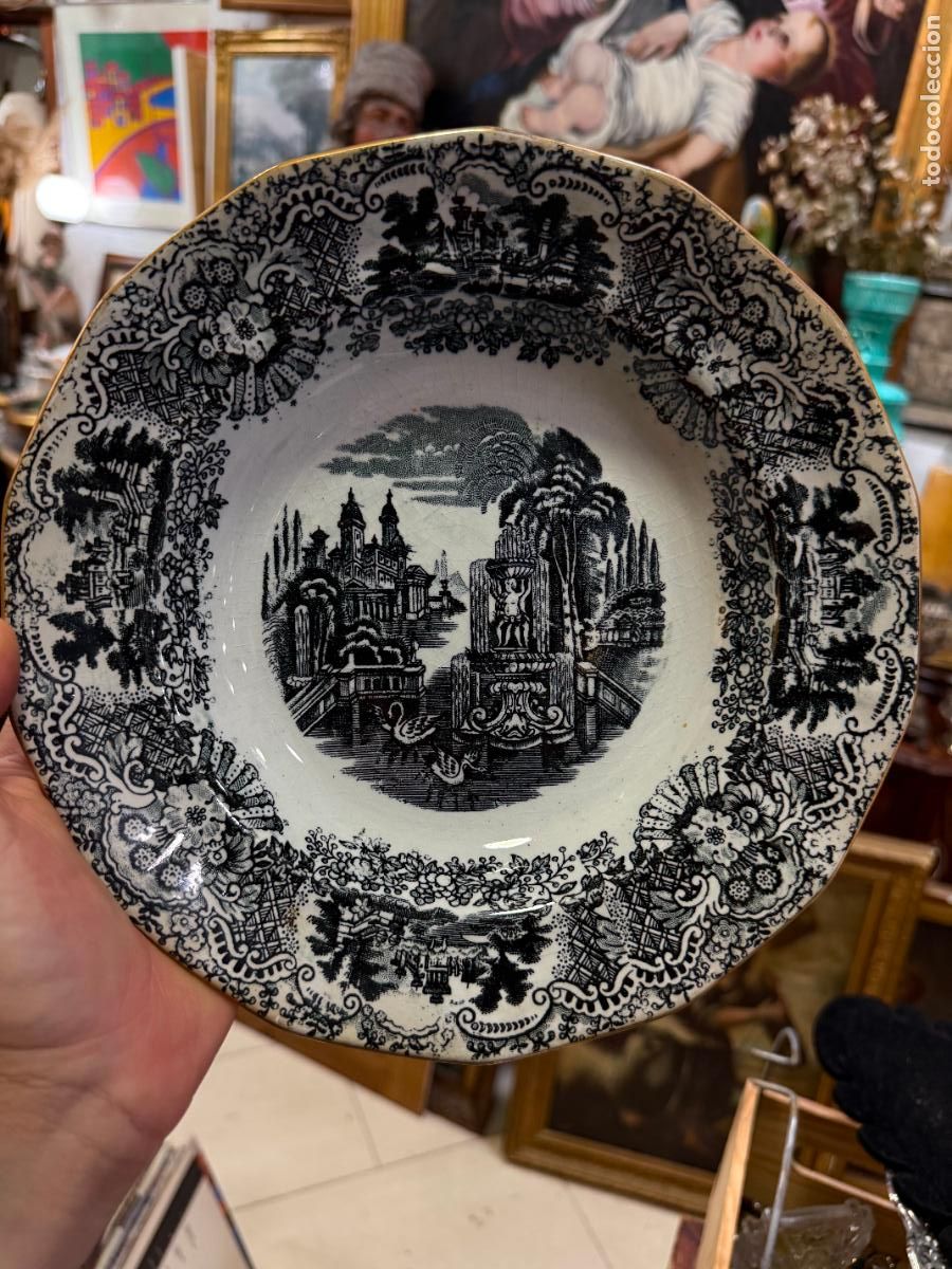 Antig&uuml;edades: ANTIGUO PLATO HONDO DE CERAMICA LA CARTUJA PICKMAN CON BORDE ORO - 7