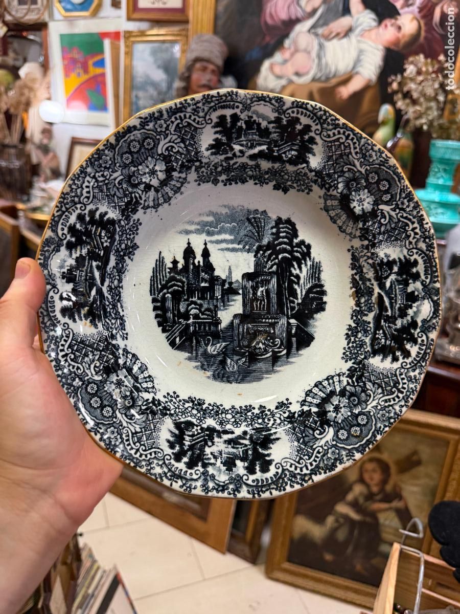Antig&uuml;edades: ANTIGUO PLATO HONDO DE CERAMICA LA CARTUJA PICKMAN CON BORDE ORO - 9