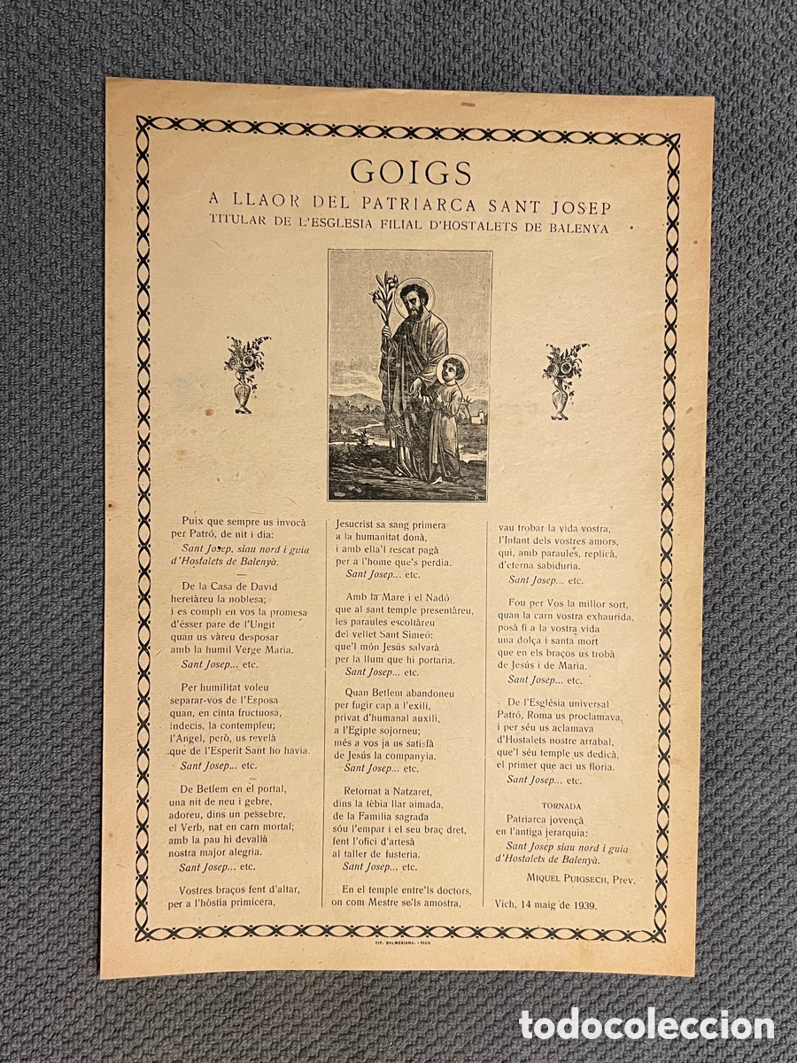 Antig&uuml;edades: GOIGS A LLAOR DEL PATRIARCA SANT JOSEP, TITULAR DE L&rsquo;ESGLESIA FILIAL D&rsquo;HOSTALETS DE BALENYA (a.1939)