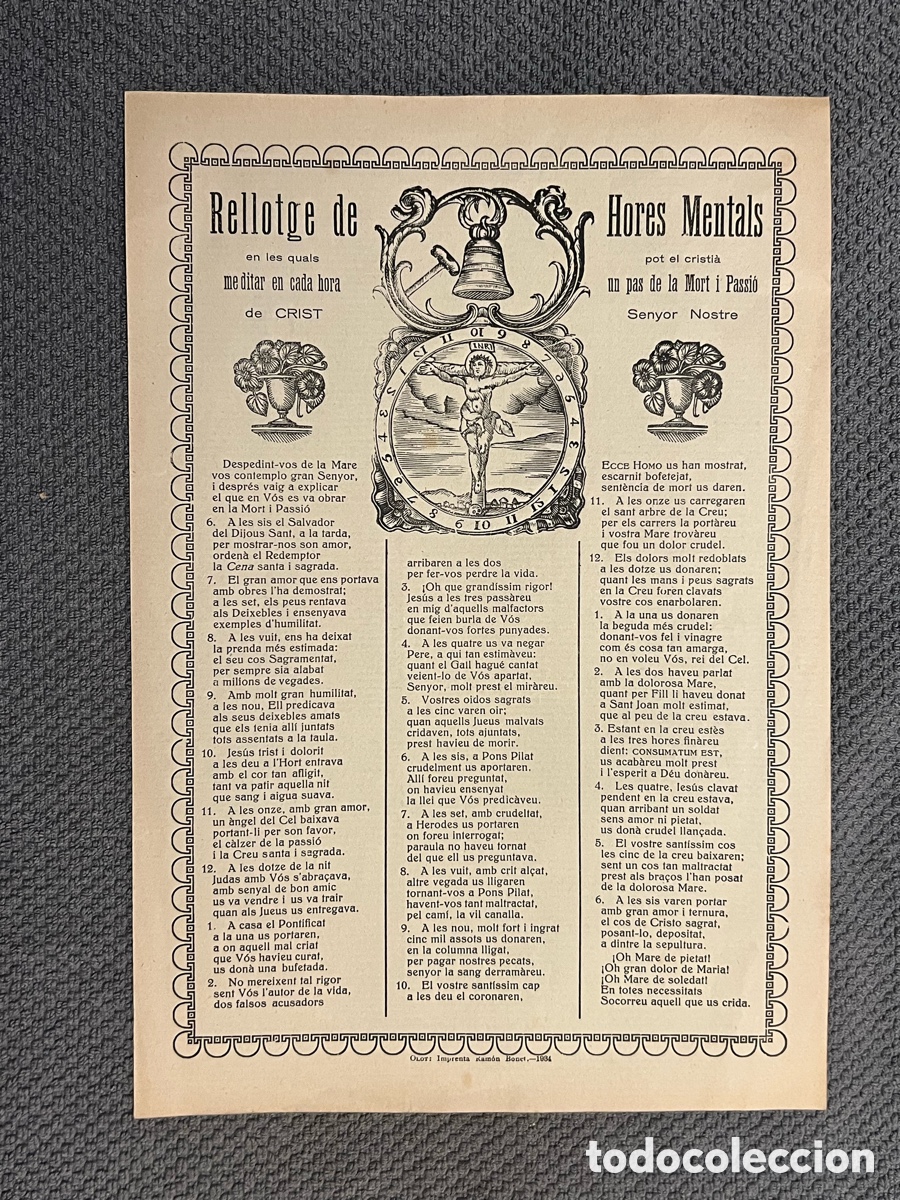 Antig&uuml;edades: GOIGS. RELLOTGE DE HORES MENTALS PARA MEDITAR EN CADA HORA MORT I PASSI&Oacute; DE CRIST. OLOT (a.1934)