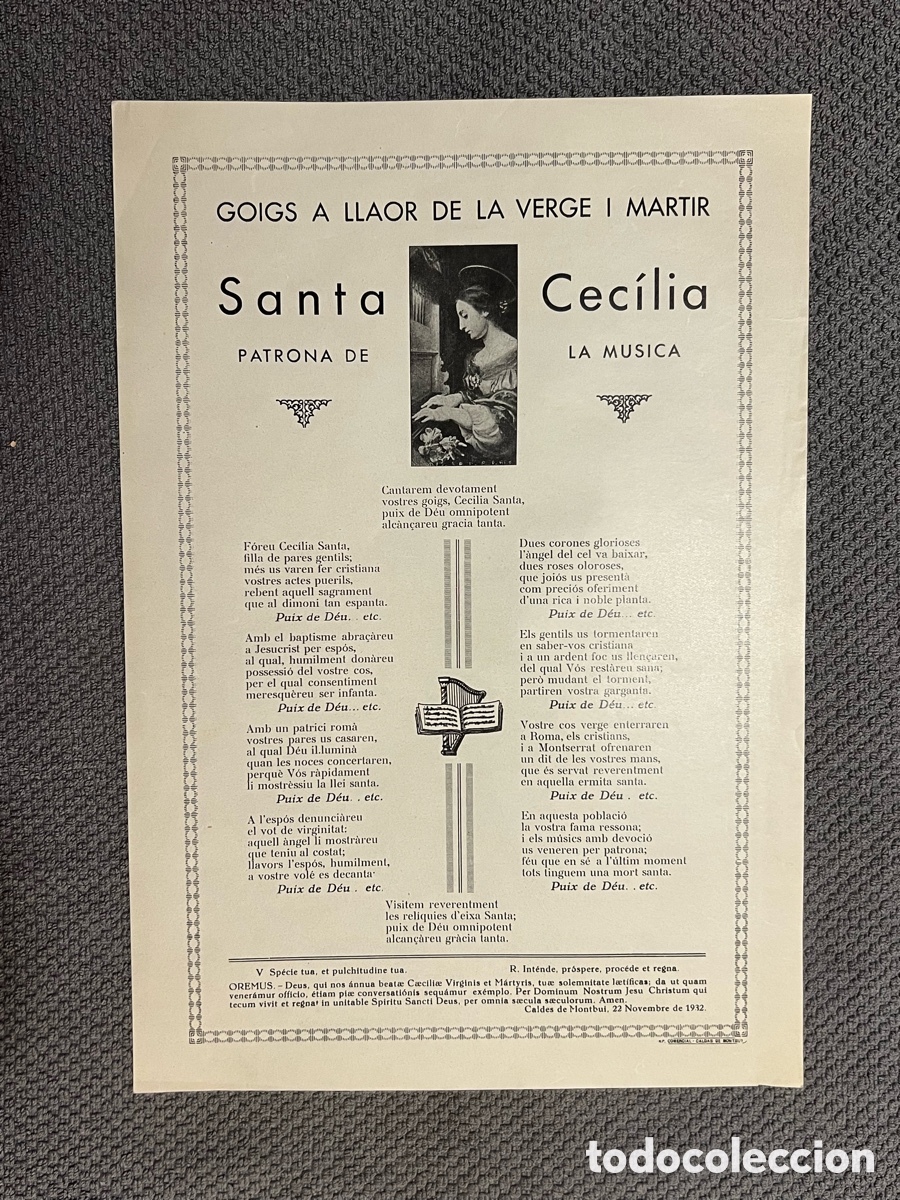 Antig&uuml;edades: GOIGS A LLAOR DE LA VERGE I M&Agrave;RTIR SANTA CEC&Iacute;LIA PATRONA DE LA MUSICA (CALDES DE MONTBUI, 1932)