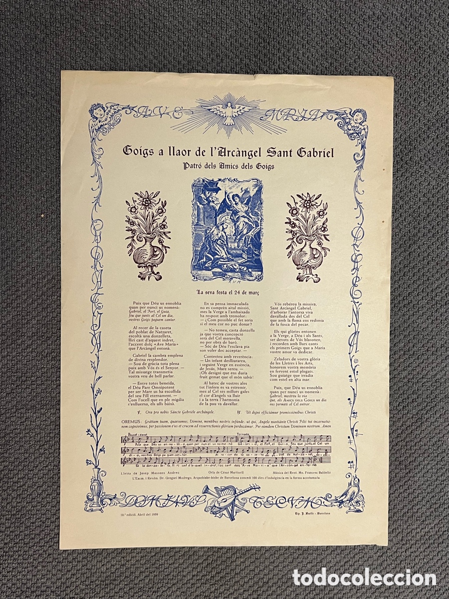 Antig&uuml;edades: GOIGS A LLAOR DE L'ARC&Agrave;NGEL SANT GABRIEL Patro dels Amics dels Goigs (a.1959) 10a. Edici&oacute;n