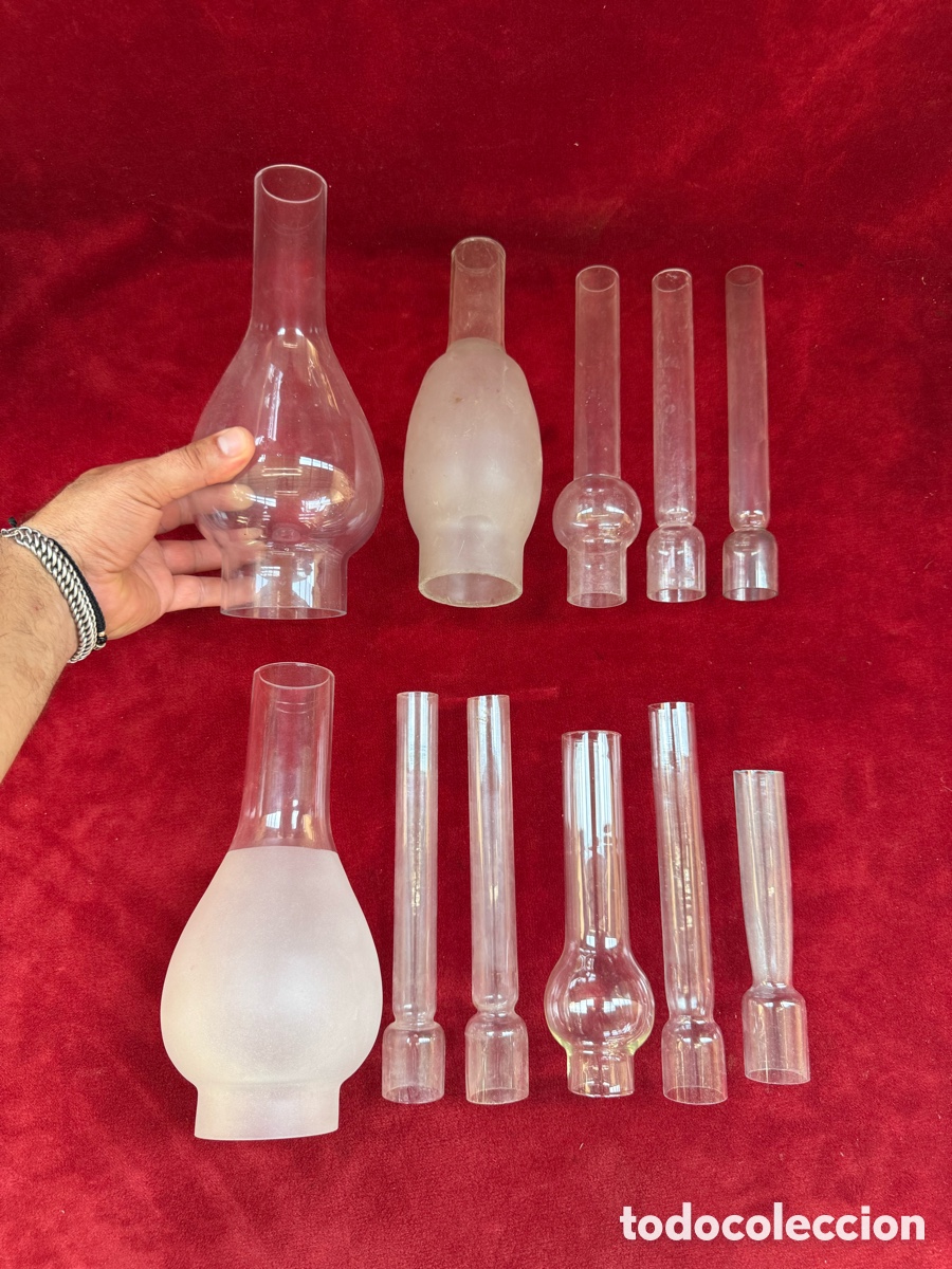 Antig&uuml;edades: Lote + 10 hornillos de cristal de quinques de petroleo!