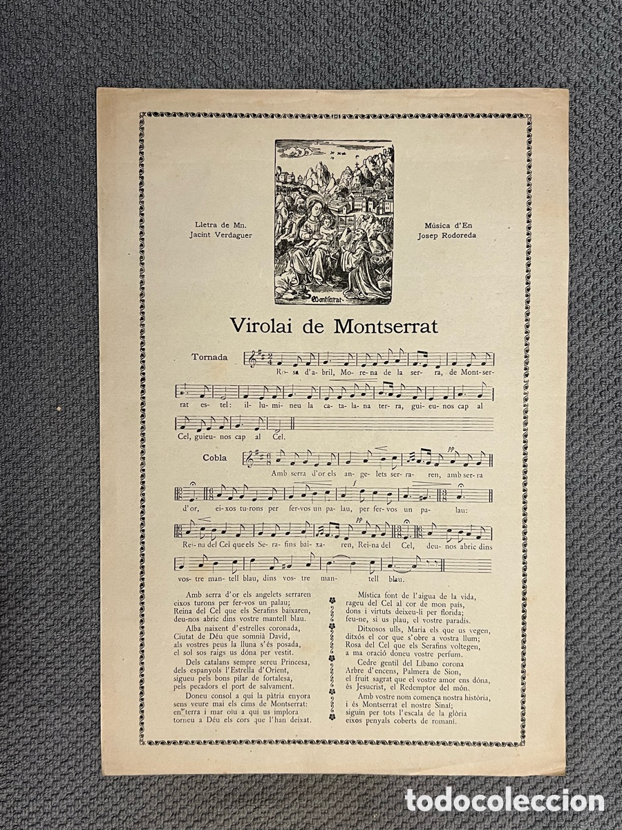 Antig&uuml;edades: GOZOS. Virolai de Montserrat. Lletra de Mn. Jacint Verdaguer. Musica d&rsquo;En Josep Rodoreda (h.1950?)