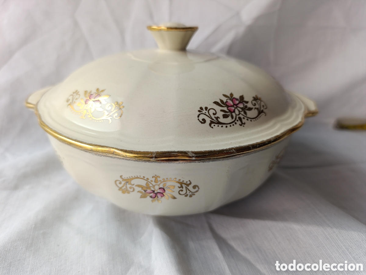Antig&uuml;edades: Sopera / Legumbrera antigua Alfred Meakin England - Loza inglesa decorada en oro - 20 cm