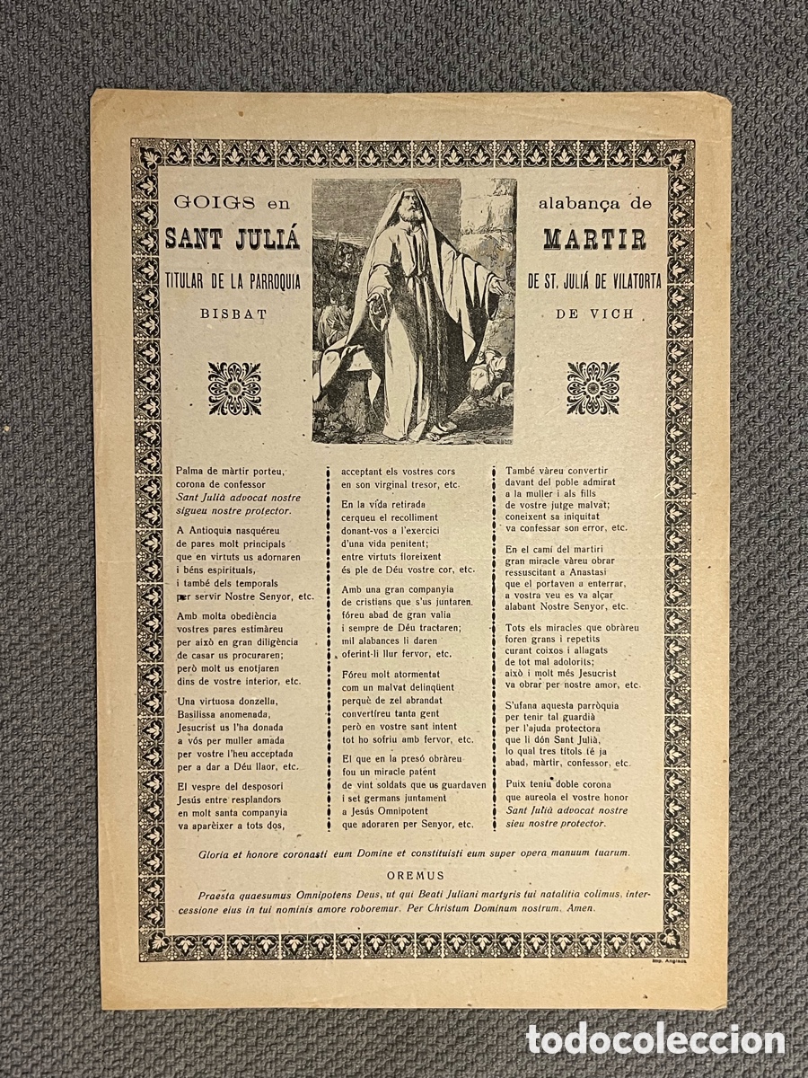 Antig&uuml;edades: Goigs del glori&oacute;s SANT JULI&Agrave; martir, patr&oacute; de la Parroquia de DE ST. JULI&Aacute; DE VILATORTA (h.1900?)