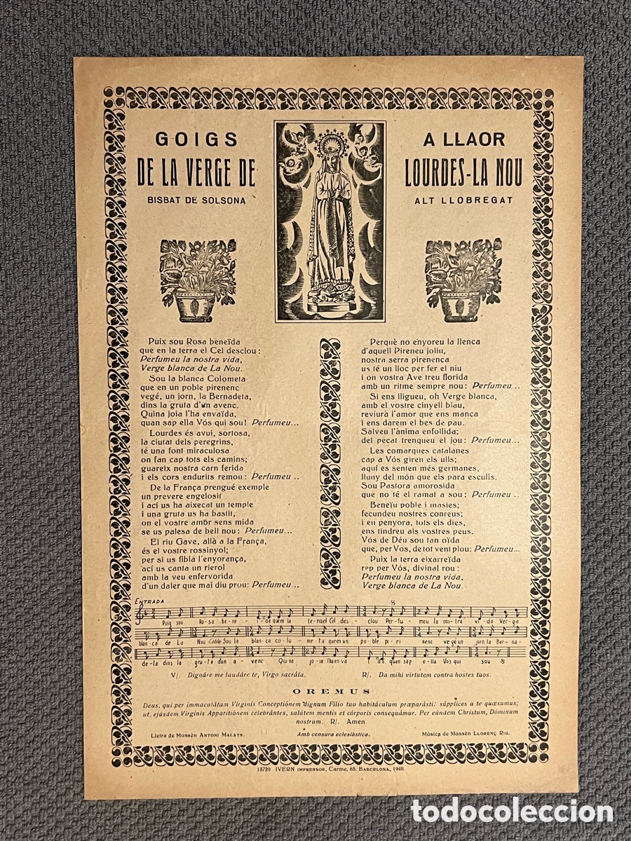 Antig&uuml;edades: GOIGS A LLAOR DE LA VERGE DE LOURDES LA NOU. BISBAT DE SOLSONA ALT LLOBREGAT (a.1940)