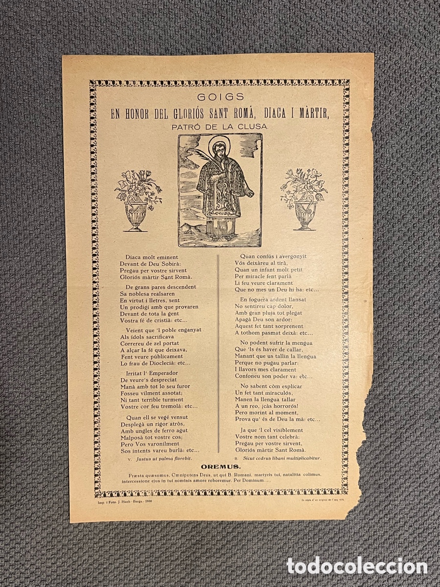 Antig&uuml;edades: GOZOS. Goigs en Honor del Glorios Sant Roma, Diaca i Martir. Patro de la Clusa. Barcelona (a.1930)
