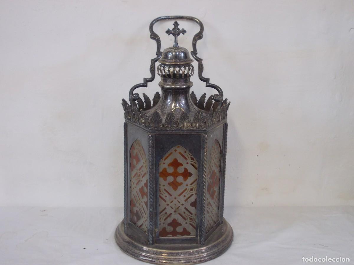 Antig&uuml;edades: PRECIOSO Y RARO FAROL PORTA CIRIOS PARA CAPILLA O PROCESI&Oacute;N PARA PORTAR CON ASA DE METAL PLATEADO