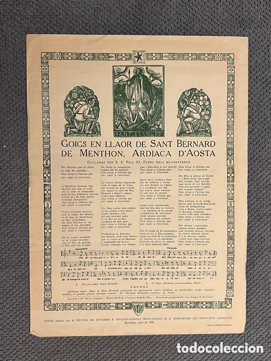 Antig&uuml;edades: GOIGS EN LLAOR DE SANT BERNARD DE MENTHON, ARDIACA D'AOSTA (a.1948)