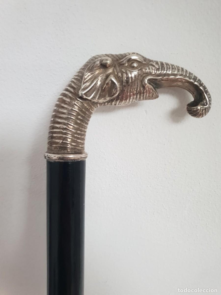 Antig&uuml;edades: Baston mango plata contrastada cabeza de elefante
