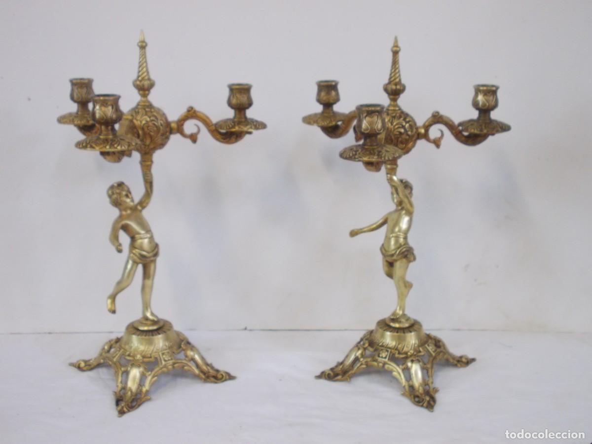 Antig&uuml;edades: PRECIOSA PAREJA DE ANTIGUOS CANDELABROS DE BRONCE - PUTTI , ANGEL , NI&Ntilde;OS