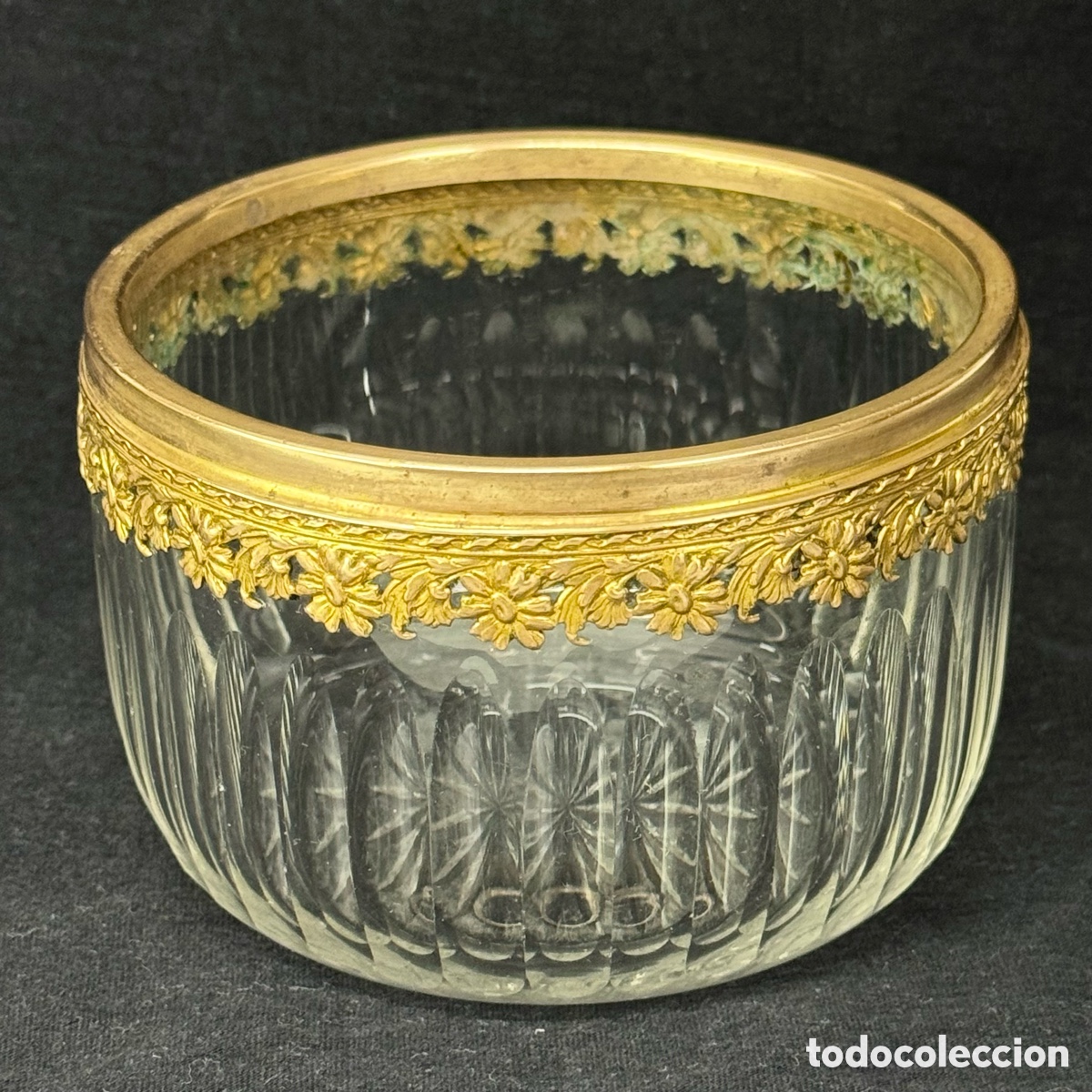 Antiquit&auml;ten: ANTIGUO BOL EN CRISTAL TALLADO ACANALADO Y BRONCE ORMOLU IMPERIO TIPO CUENCO FRUTERO CENTRO
