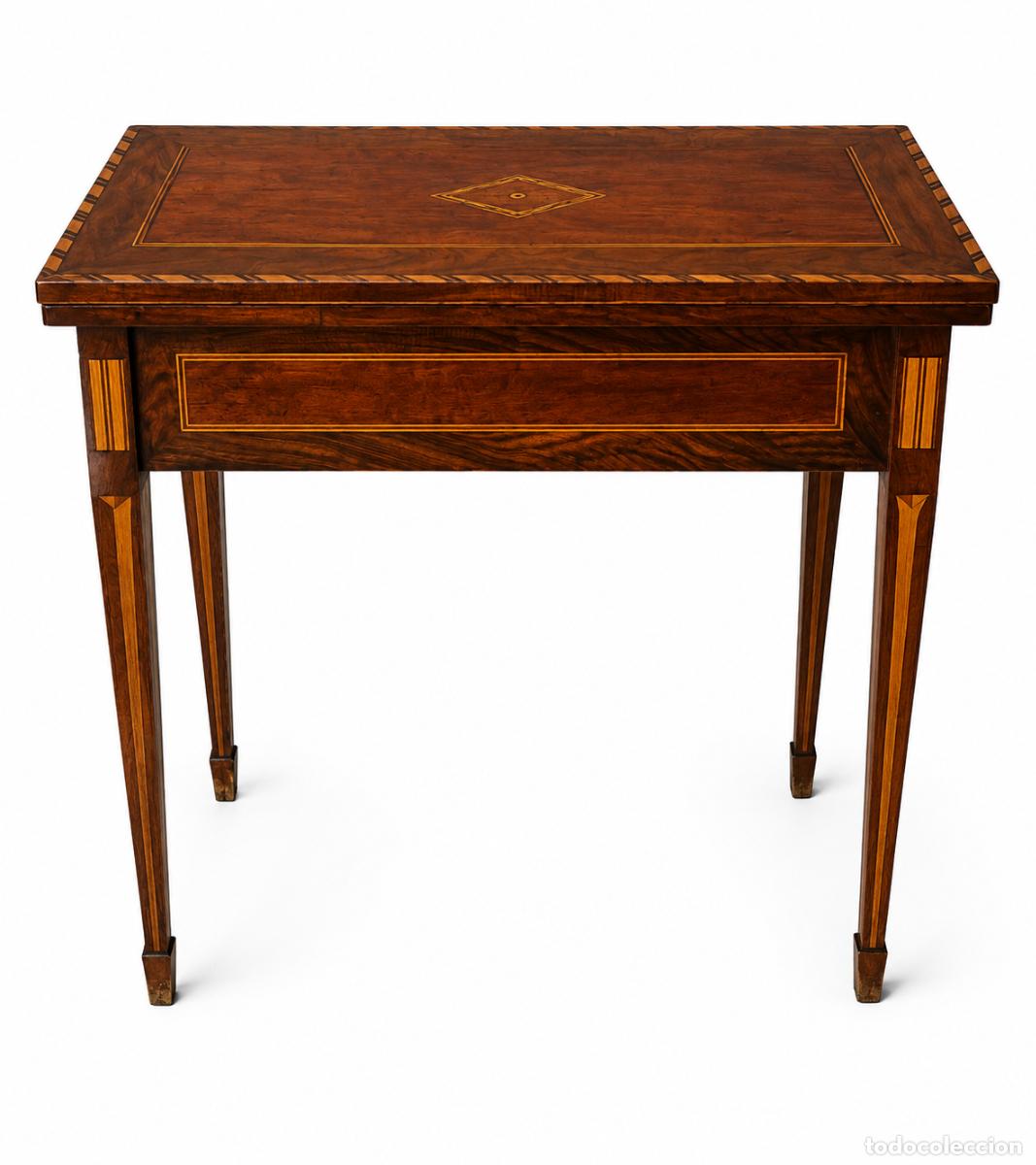 Antig&uuml;edades: Antigua Mesa de Juego Carlos IV - Madera de Caoba y Marqueter&iacute;a - Circa 1800 - Pa&ntilde;o Color Verde