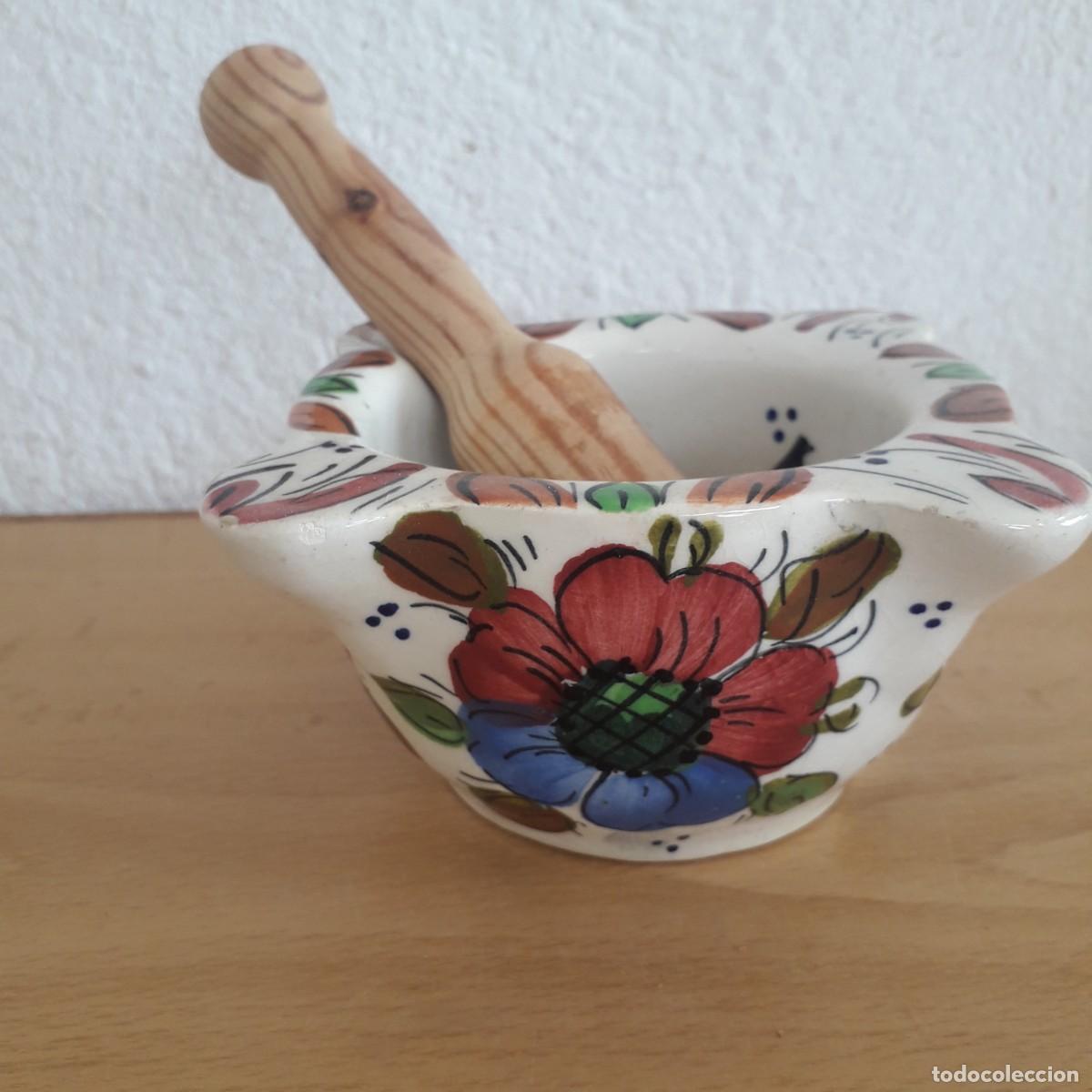 Antig&uuml;edades: MORTERO DE BARRO ESMALTADO ESTAMPADO CON FLORES - Foto 2