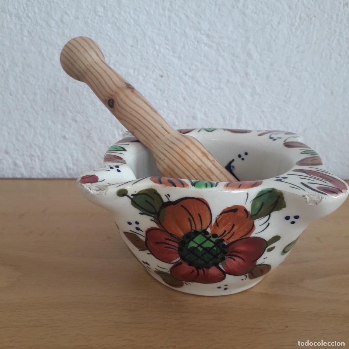 Antig&uuml;edades: MORTERO DE BARRO ESMALTADO ESTAMPADO CON FLORES - Foto 3
