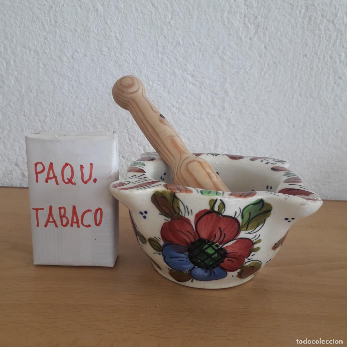 Antig&uuml;edades: MORTERO DE BARRO ESMALTADO ESTAMPADO CON FLORES - Foto 4