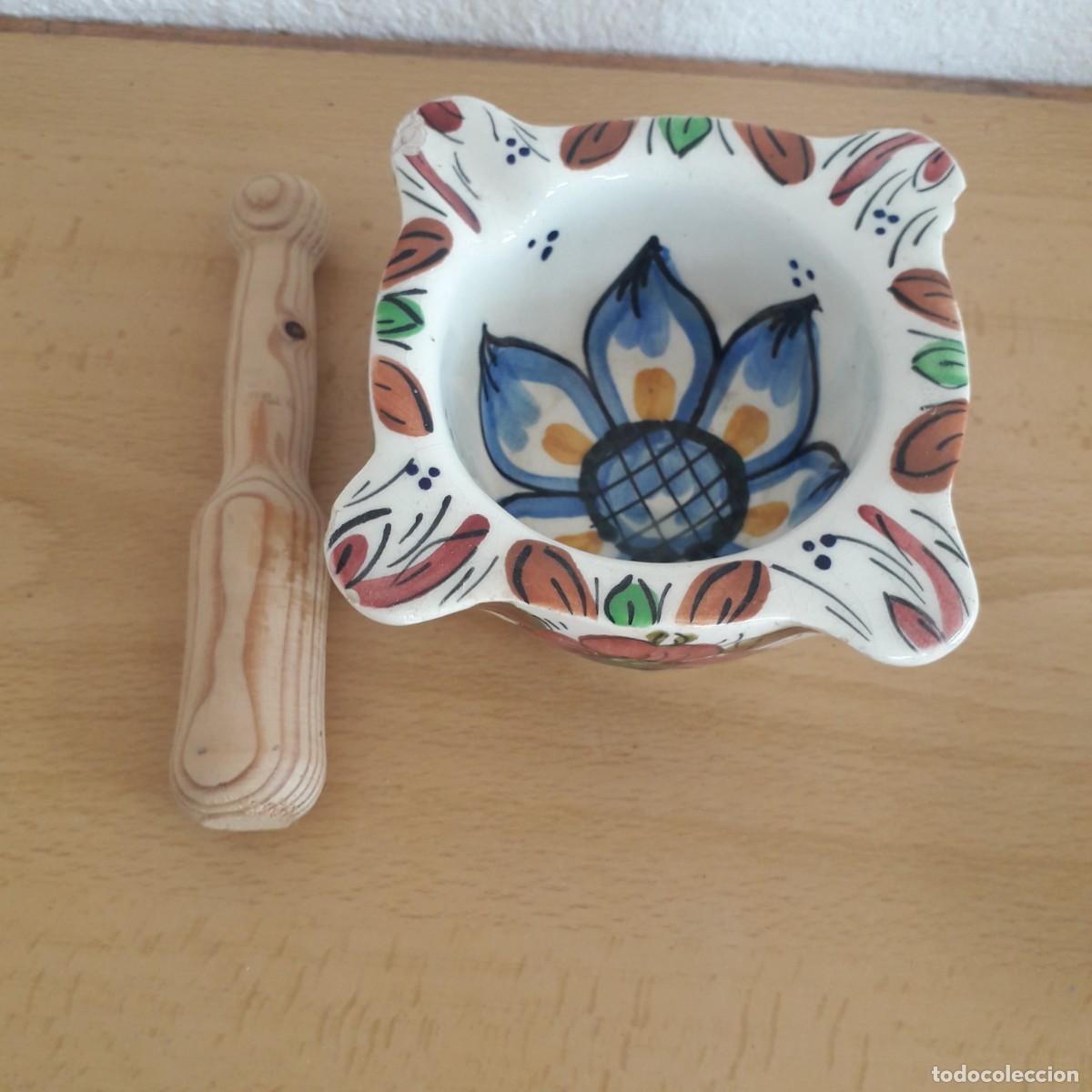 Antig&uuml;edades: MORTERO DE BARRO ESMALTADO ESTAMPADO CON FLORES - Foto 7