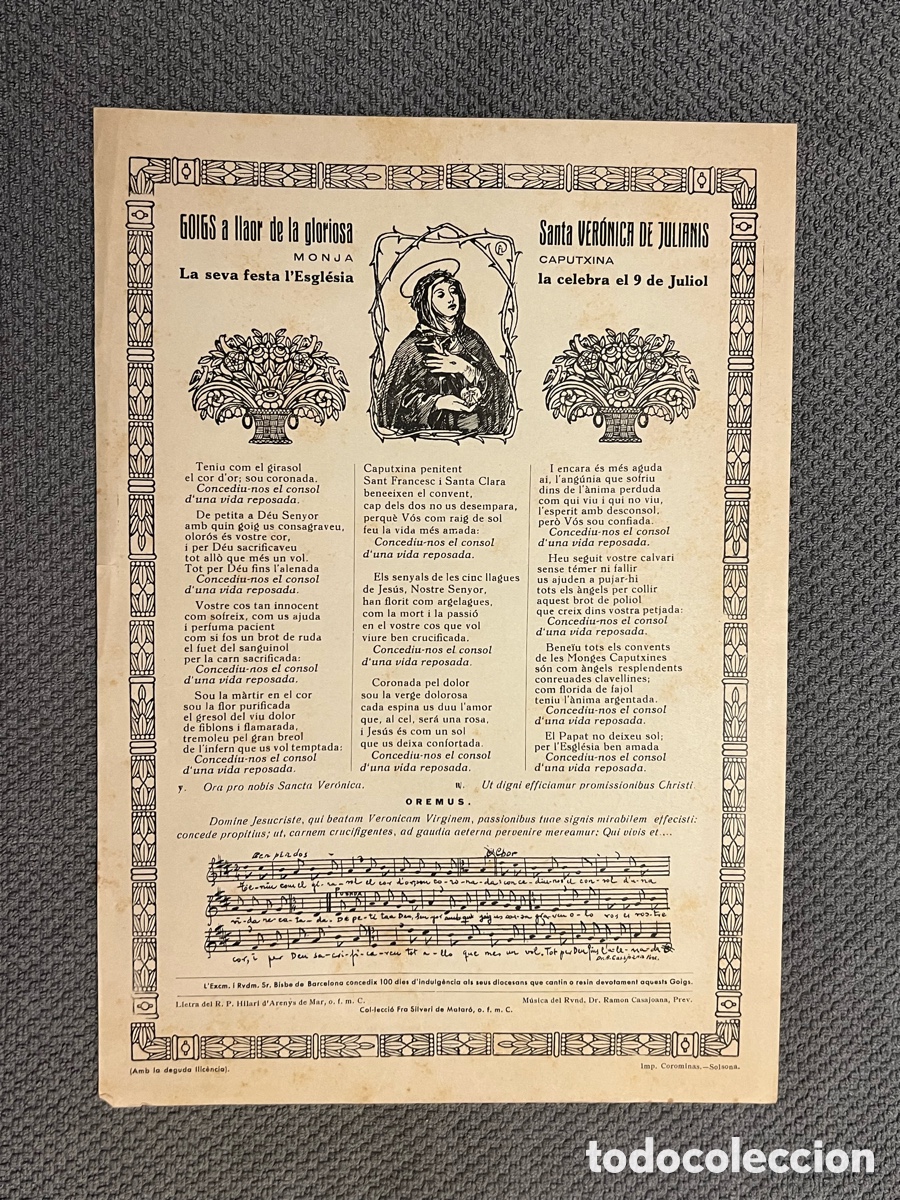 Antig&uuml;edades: Goigs de la gloriosa Santa Veronica de Julianis. Monja Caputxina&hellip; (h.1940?)