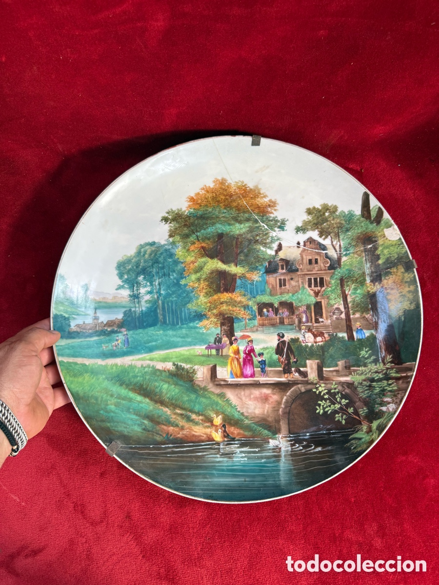 Antiquit&eacute;s: Enorme plato antiguo,pintado a mano,Siglo XIX!