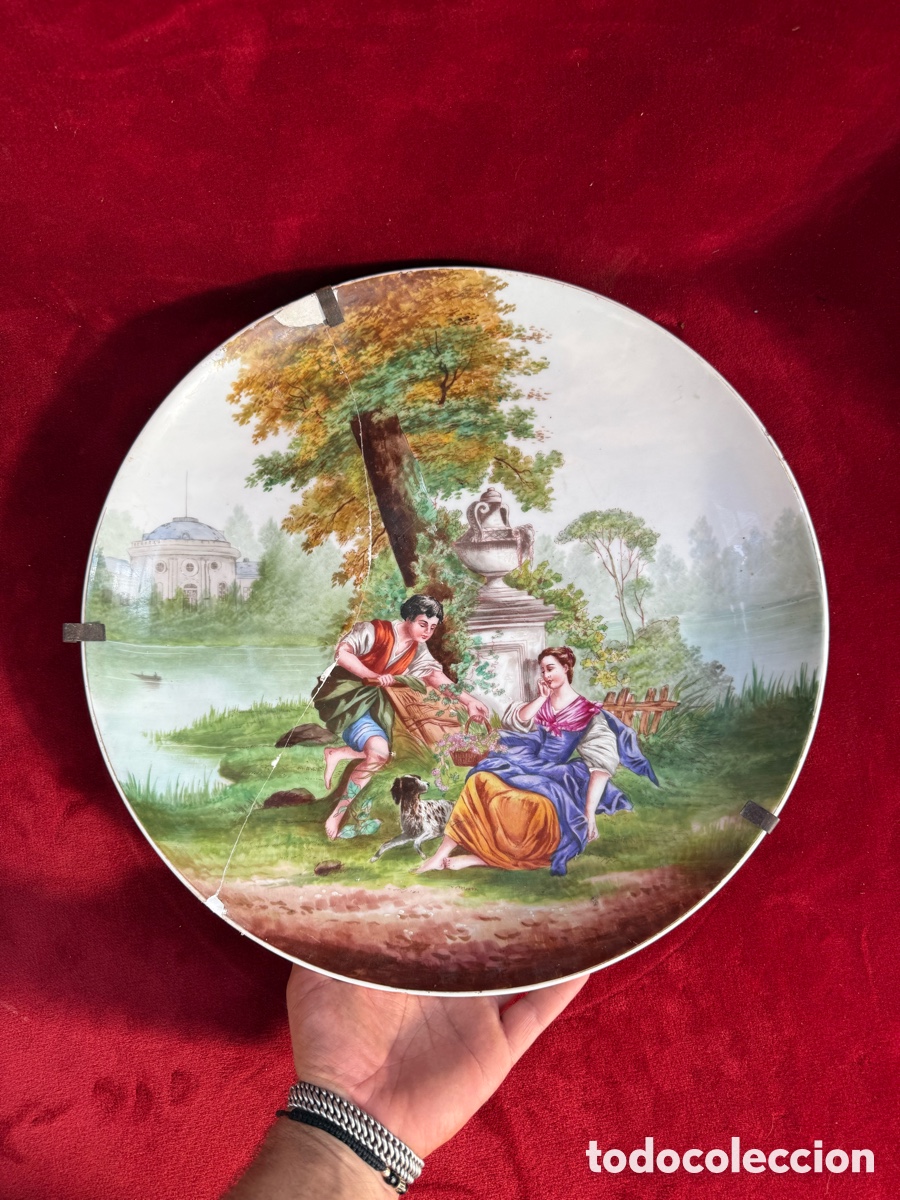 Antig&uuml;edades: Enorme plato antiguo,pintado a mano,siglo.XIX!