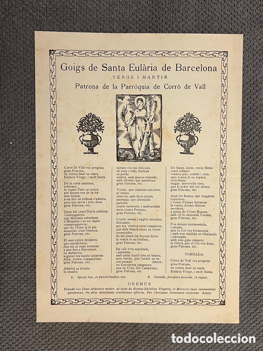 Antig&uuml;edades: GOIGS DE SANTA EULARIA DE BARCELONA VERGE, I MARTIR, PATRONA DE LA PARROQUIA DE CORR&Oacute; D&rsquo;AVALL