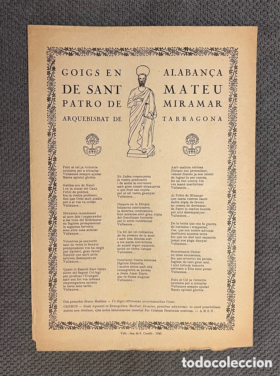 Antig&uuml;edades: GOIGS EN ALABAN&Ccedil;A DE SANT MATEU, PATR&Oacute; DE MIRAMAR. ARQUEBISBAT DE TARRAGONA (a.1945)