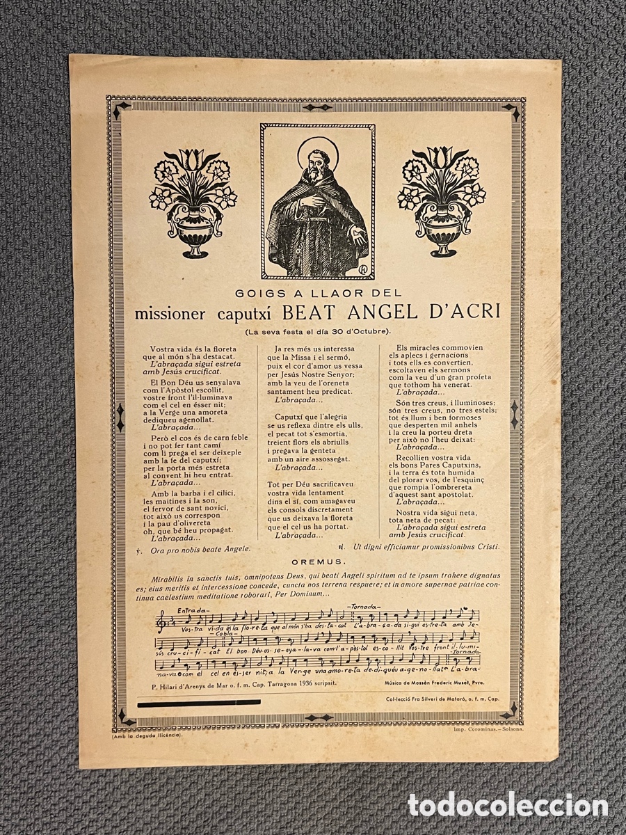 Antig&uuml;edades: GOIGS A LLAOR DEL MISSIONER CAPUTXI BEAT ANGEL D'ACRI.. P. Hilari d'Arenys de Mar (a.1936)