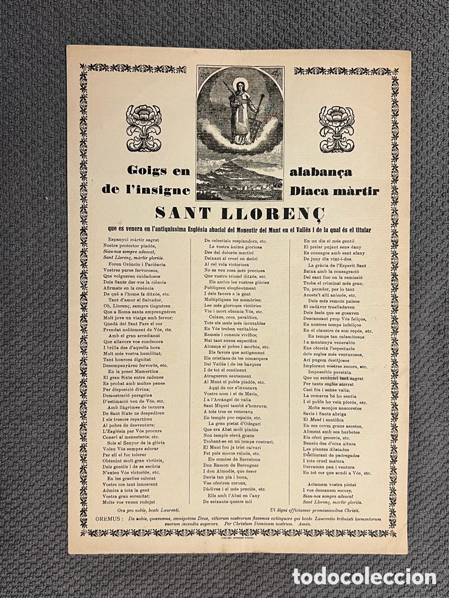 Antig&uuml;edades: GOIGS EN ALABAN&Ccedil;A DE L&rsquo;INSIGNE DIACA MARTIR. SANT LLOREN&Ccedil;. MONESTIR DEL MUNT