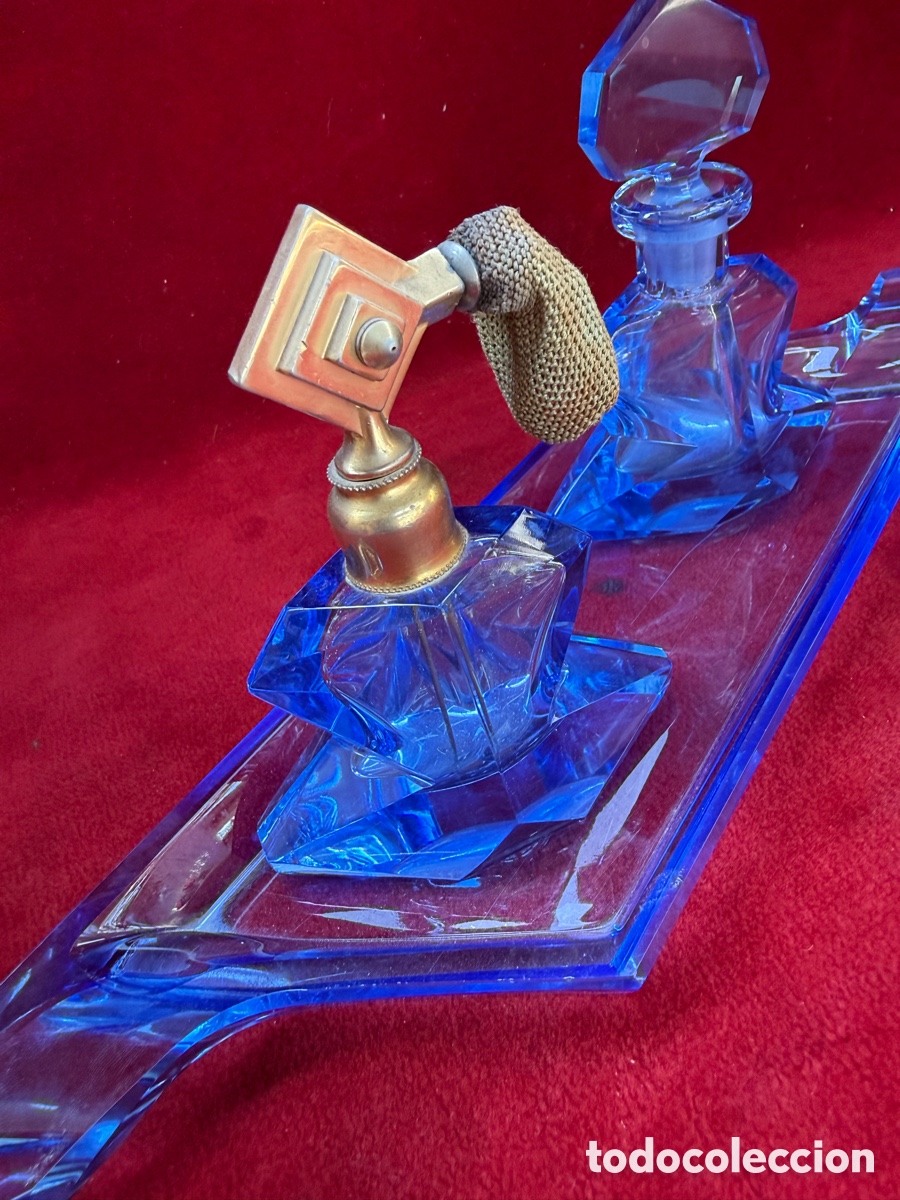 Antig&uuml;edades: Preciosos perfumeros de tocador Art Deco,Cristal azul tallado!