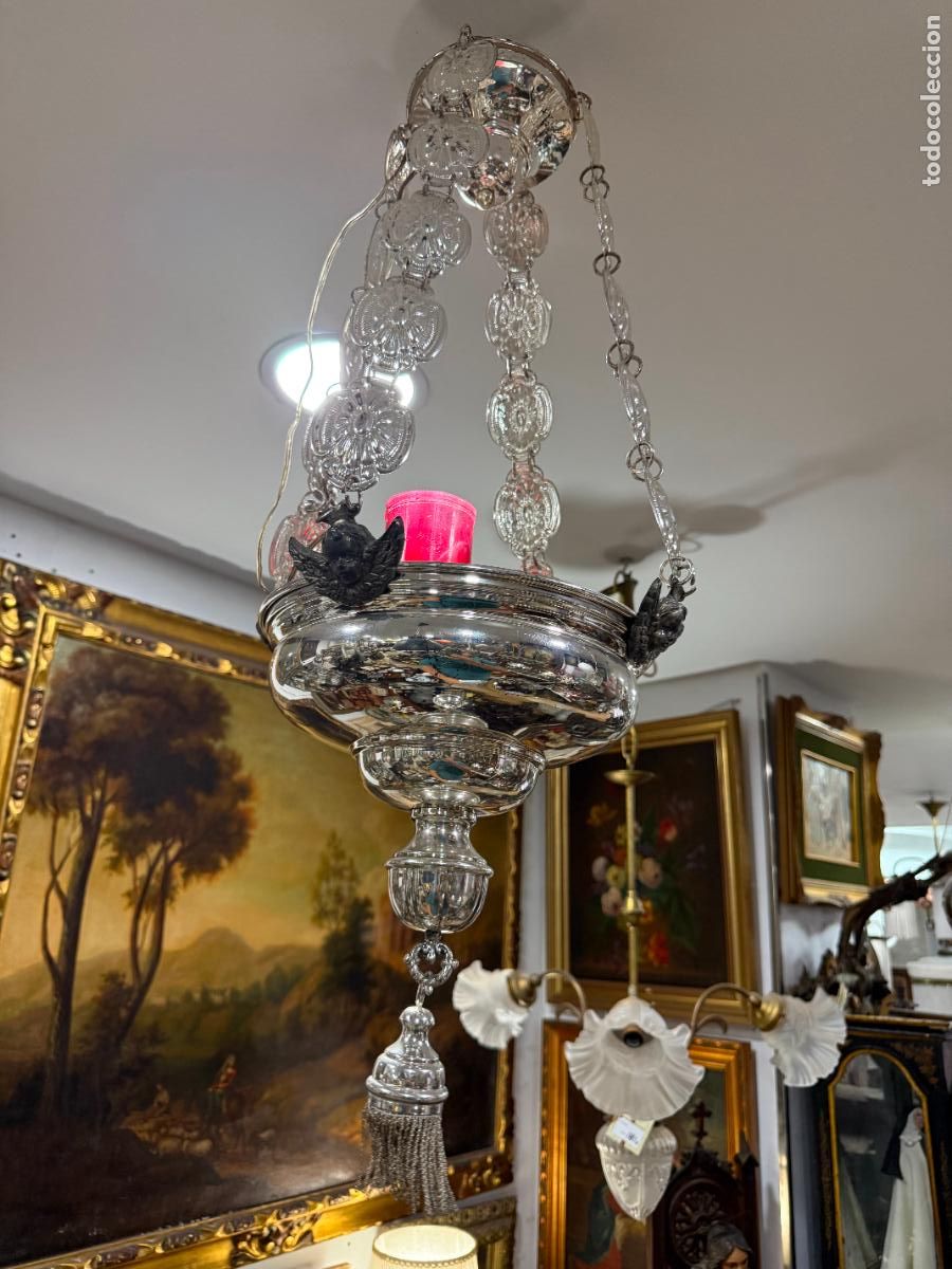 Antig&uuml;edades: LAMPARA VOTIVA DE ORFEBRERIA CON MEDIDAS TOTAL 75X25 CM - RELIGIOSO