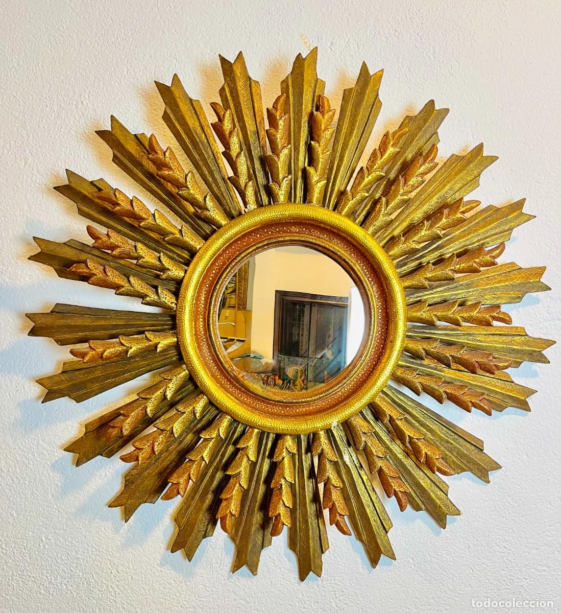 Antig&uuml;edades: ESPEJO SOL DE PARED VINTAGE MADERA TALLADA POLICROMADA DORADA SIGLO XX 84 CM
