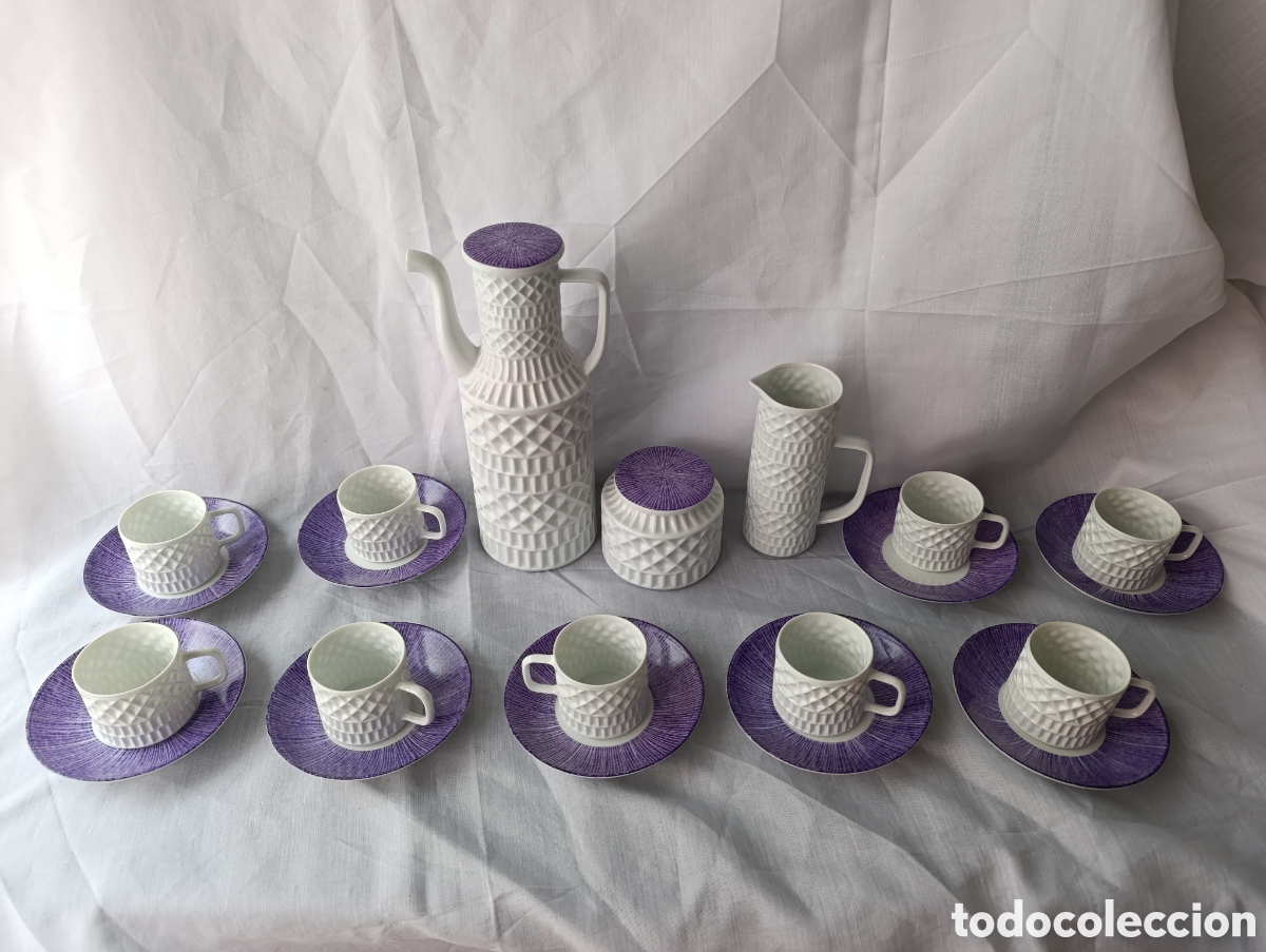 Antig&uuml;edades: Juego de Caf&eacute; Castro - Sargadelos - Relieve Rombos Morado - A&ntilde;os 60 (Servicio Completo)