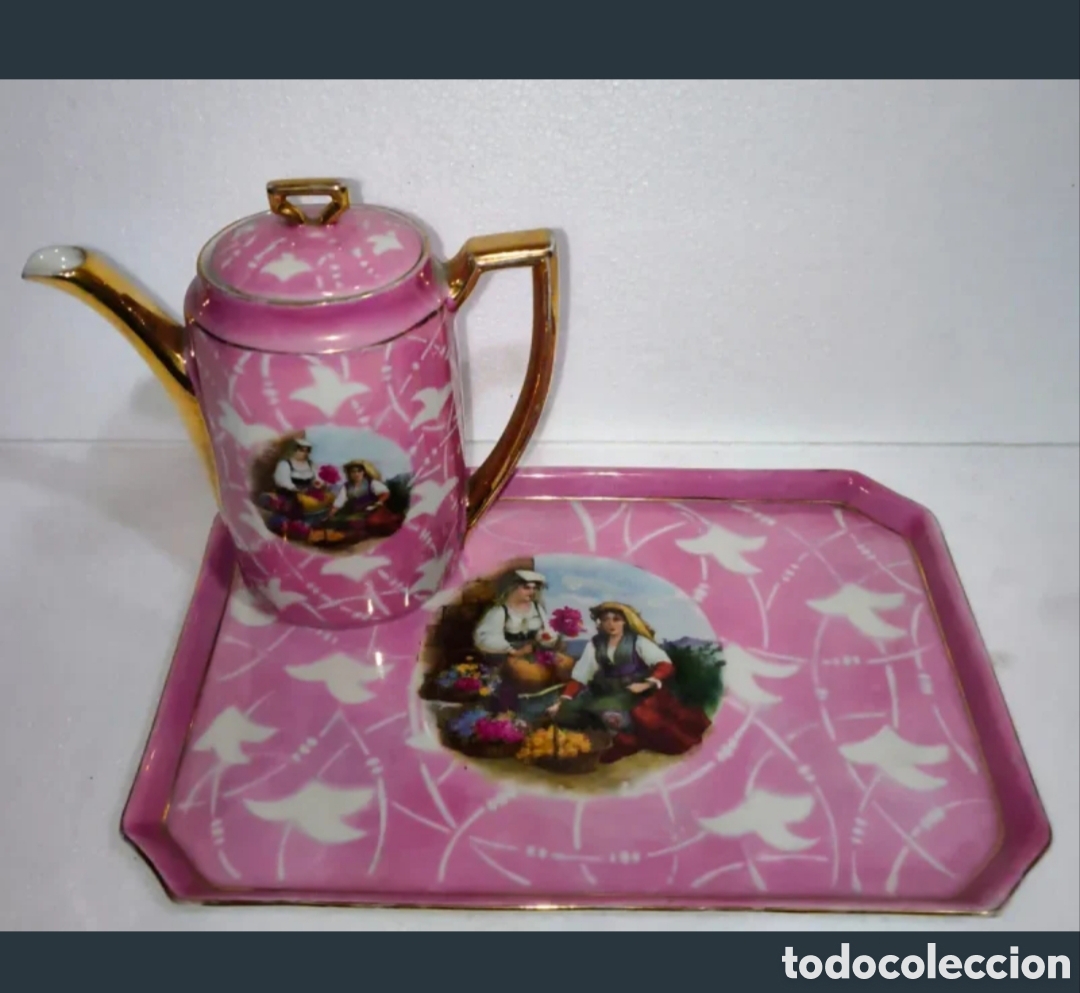 Antig&uuml;edades: Juego Tetera y Bandeja Porcelana Rosa Dorada