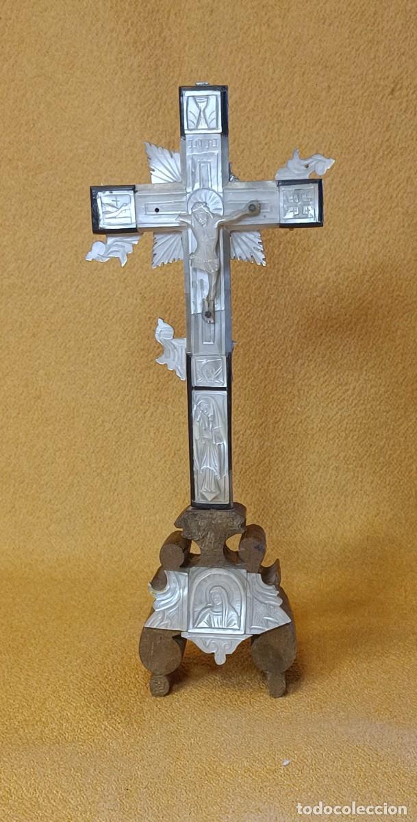 Antig&uuml;edades: Antigua Cruz de Jerusal&eacute;n - Madera y N&aacute;car Tallado - V&iacute;a Crucis S. XIX
