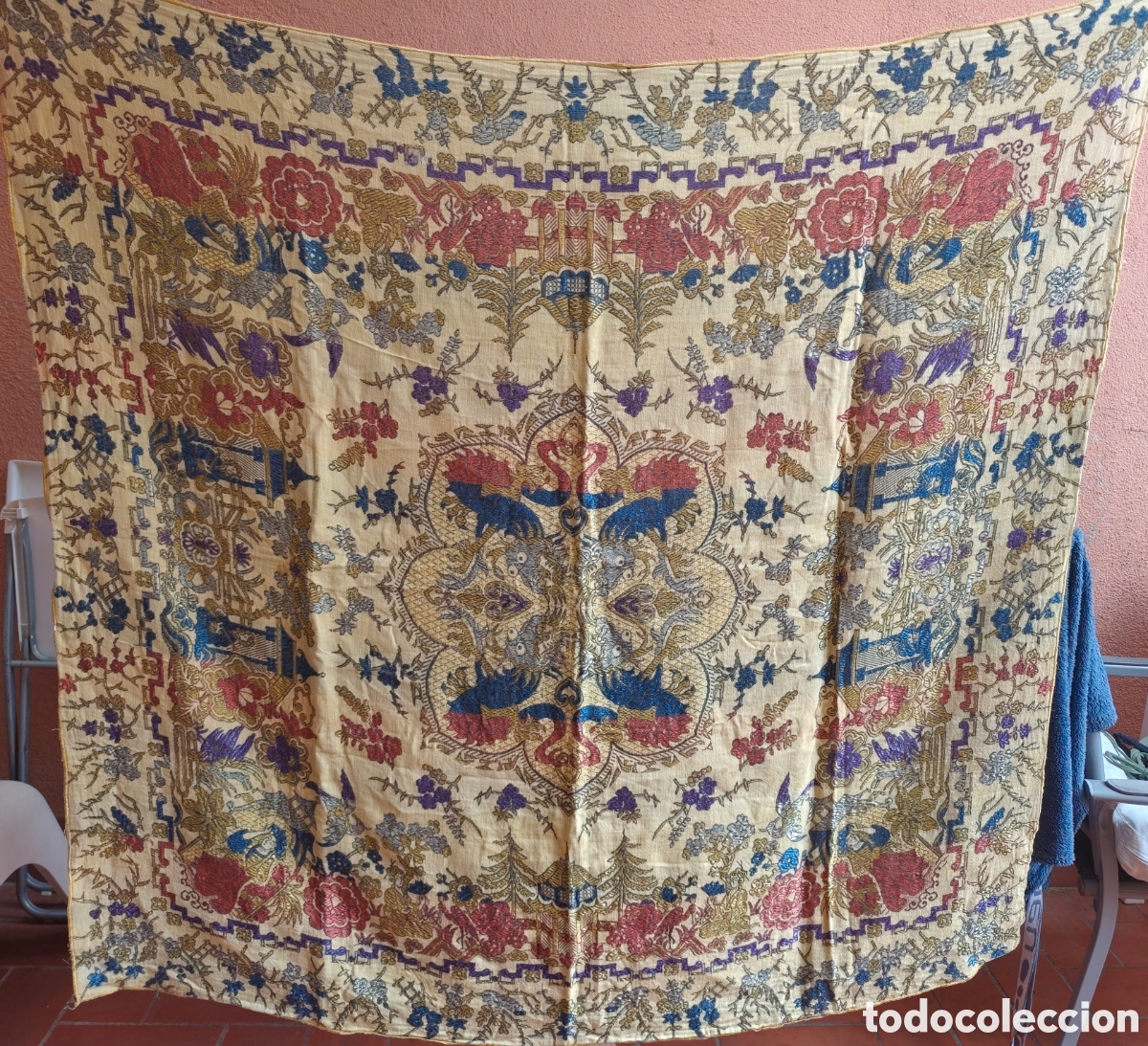 Antig&uuml;edades: Tapiz Textil Jacquard de Colecci&oacute;n - Motivos Orientales 140x140