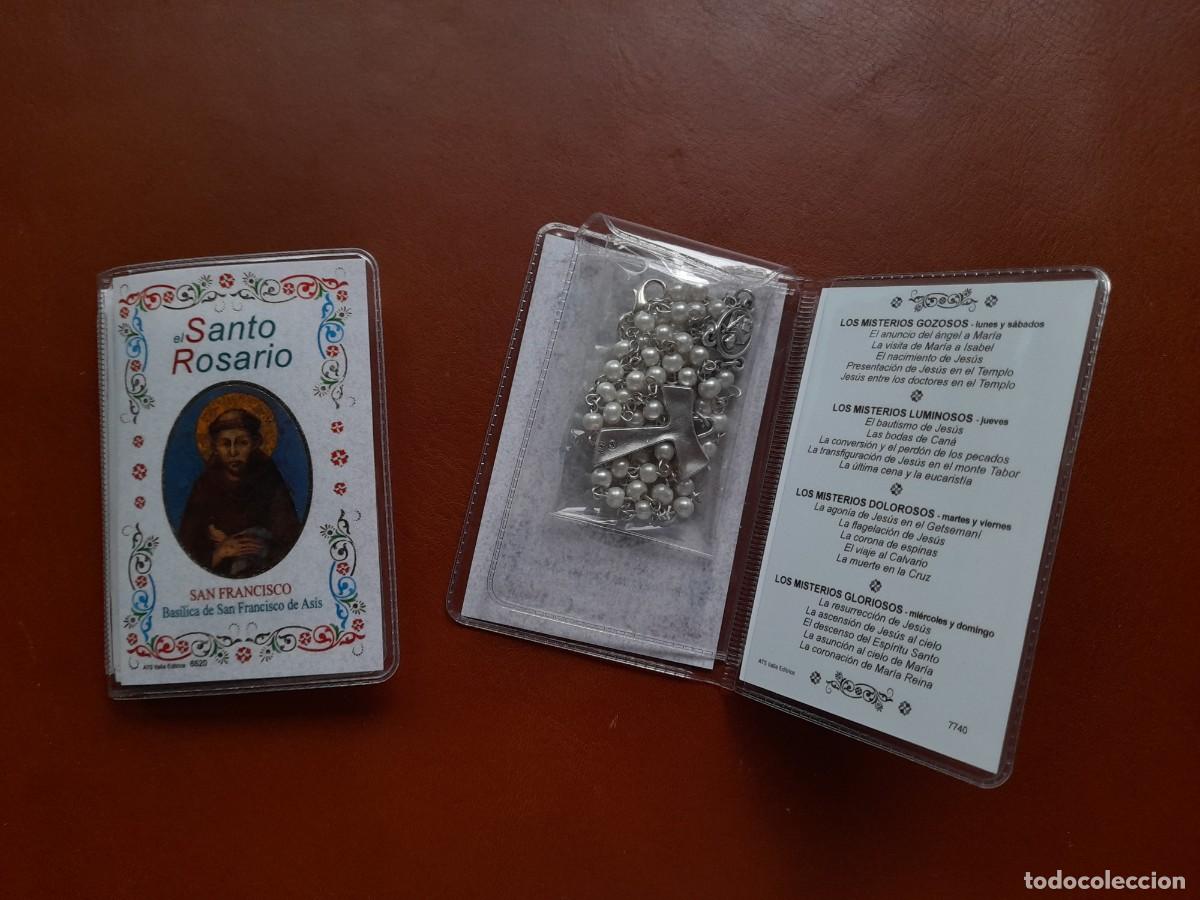 Antig&uuml;edades: Rosario San Francisco de As&iacute;s con la lista de misterios del Rosario y con el rosario con la Cruz Tau