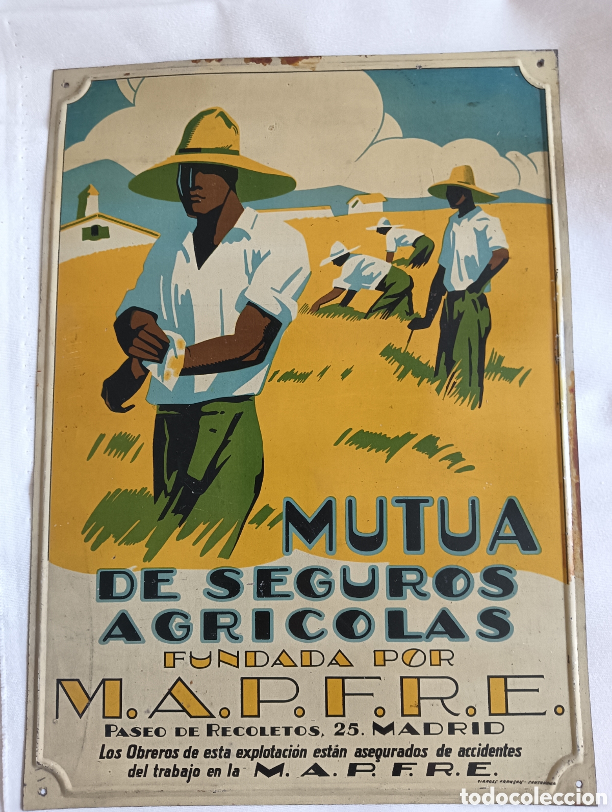 Antig&uuml;edades: Antigua chapa litografiada de seguros agr&iacute;colas Mapfre