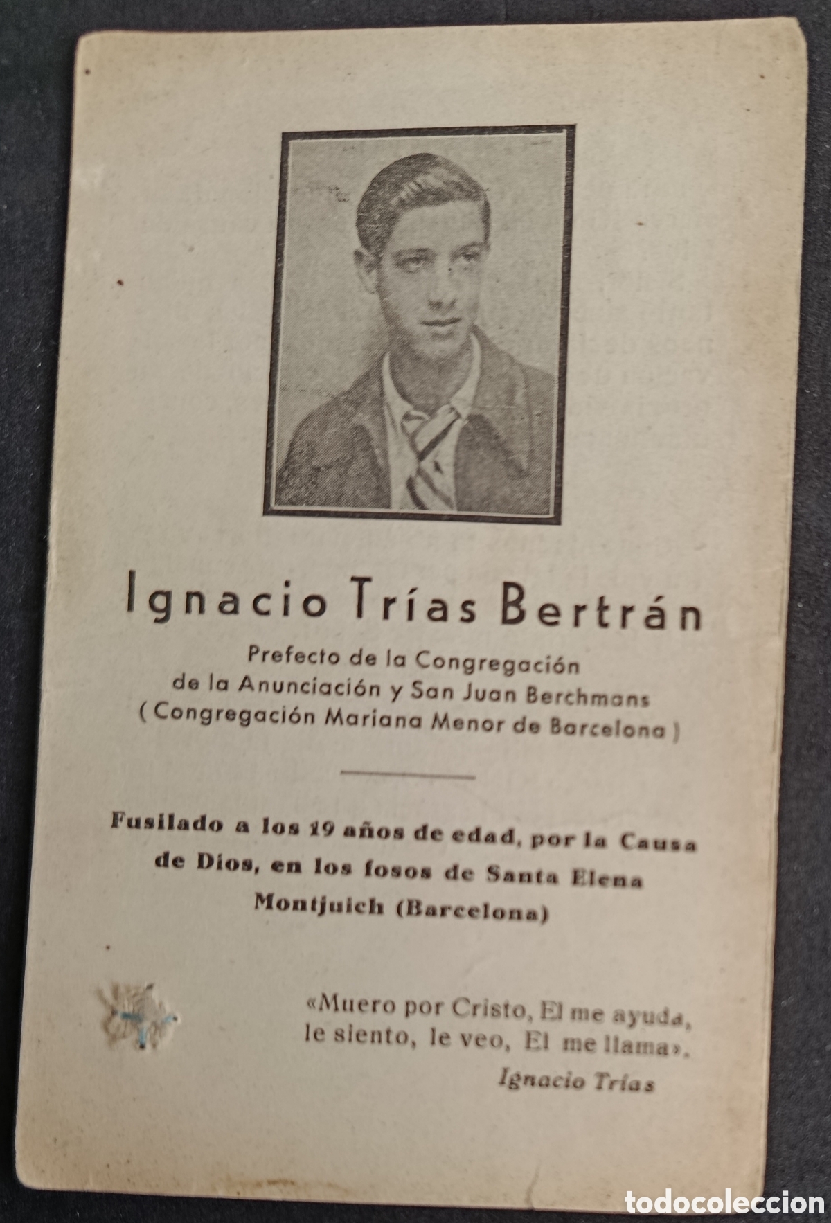 Antig&uuml;edades: Estampa Relicario reliquia Ignacio Tr&iacute;as Bertr&aacute;n Fusilado en la Guerra Civil en Barcelona.
