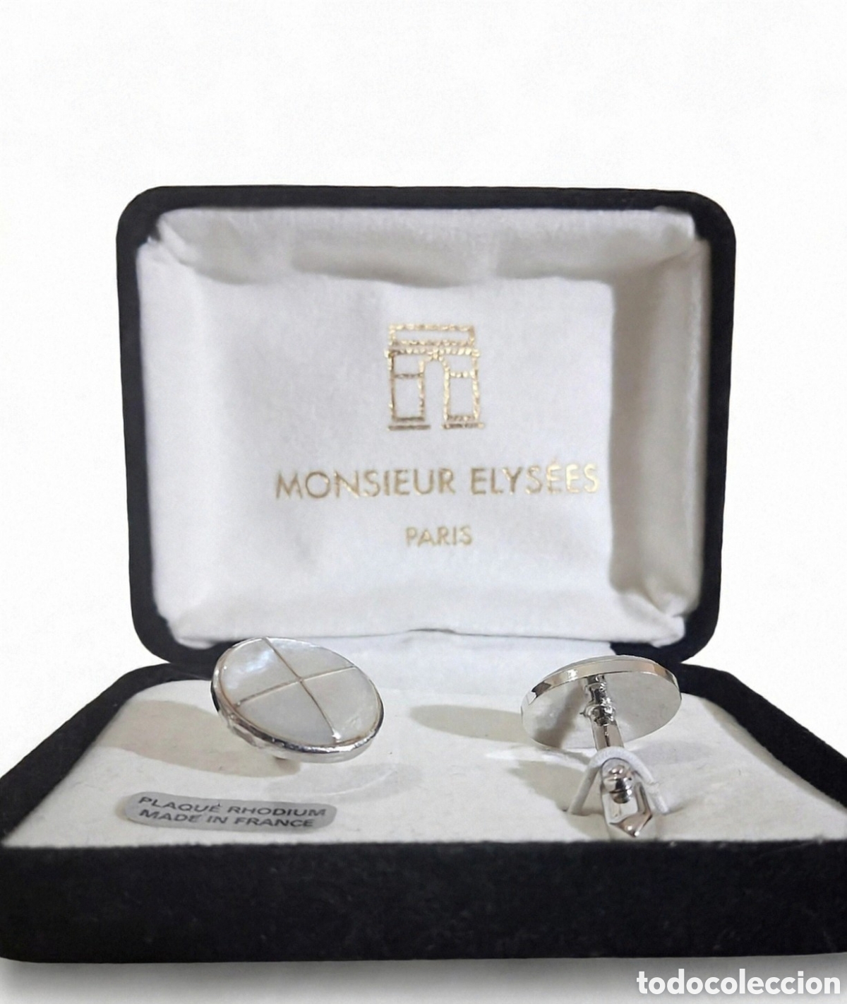 Antig&uuml;edades: Gemelos Vintage Monsieur Elys&eacute;es Paris - N&aacute;car Blanco - Plaqu&eacute; Rhodium Made in France - Con Estuche