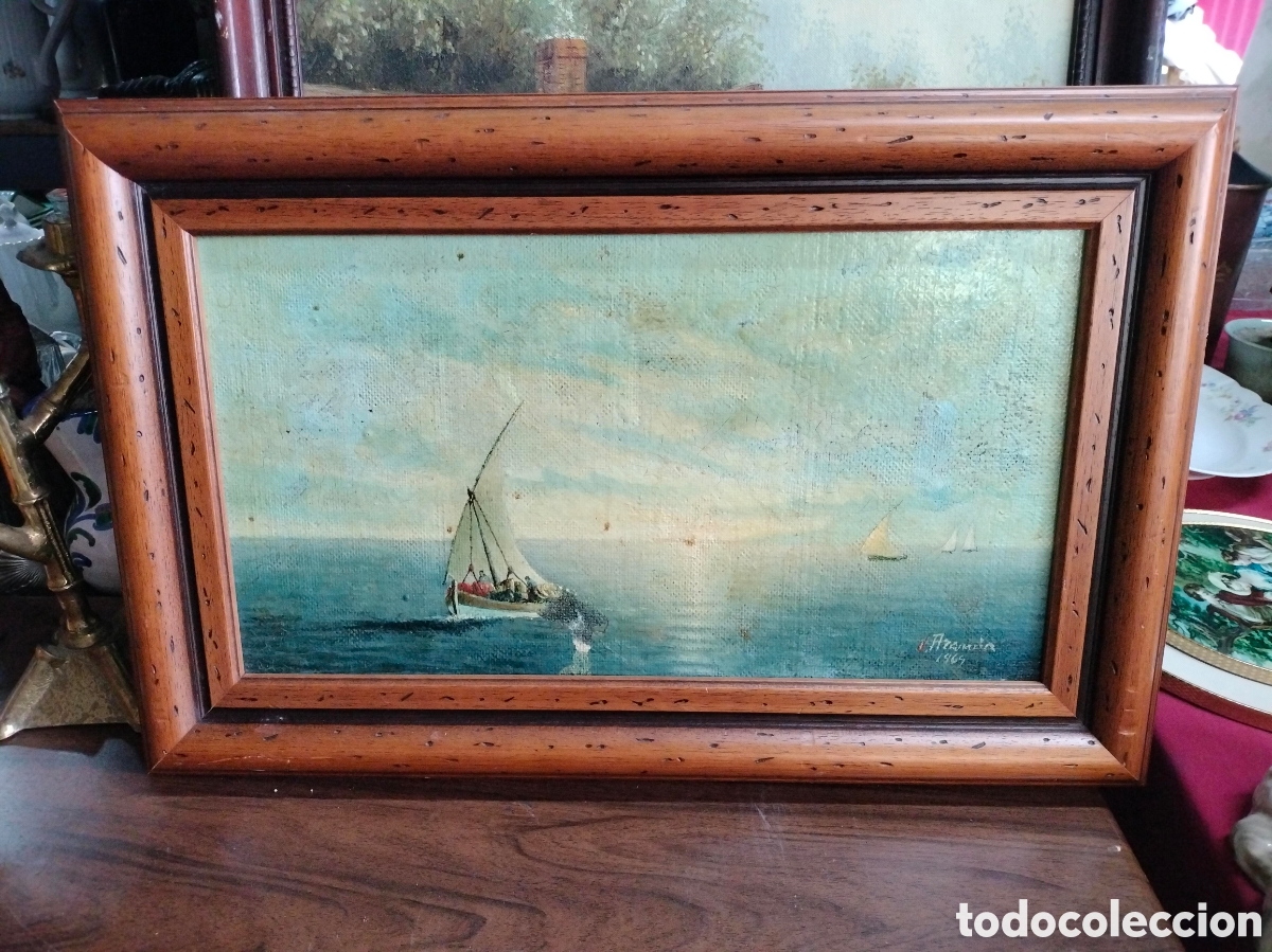Antig&uuml;edades: Antiguo cuadro marina pintado sobre tablilla final siglo XIX. J. Aranda y fechada en 1969